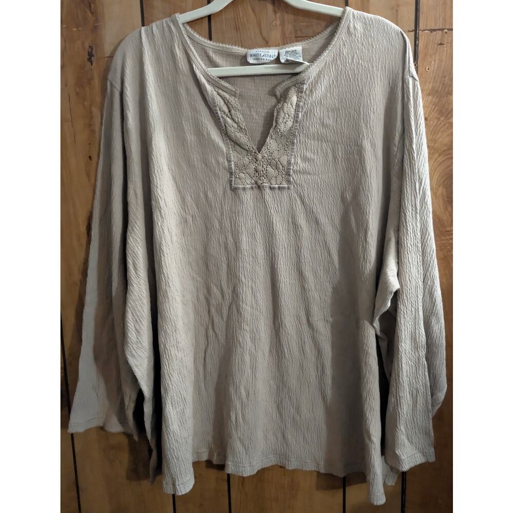 White Stag Womens Shirt Plus Size 30W/32W 30 32 W Pull Over V Neck Top Beige L/S